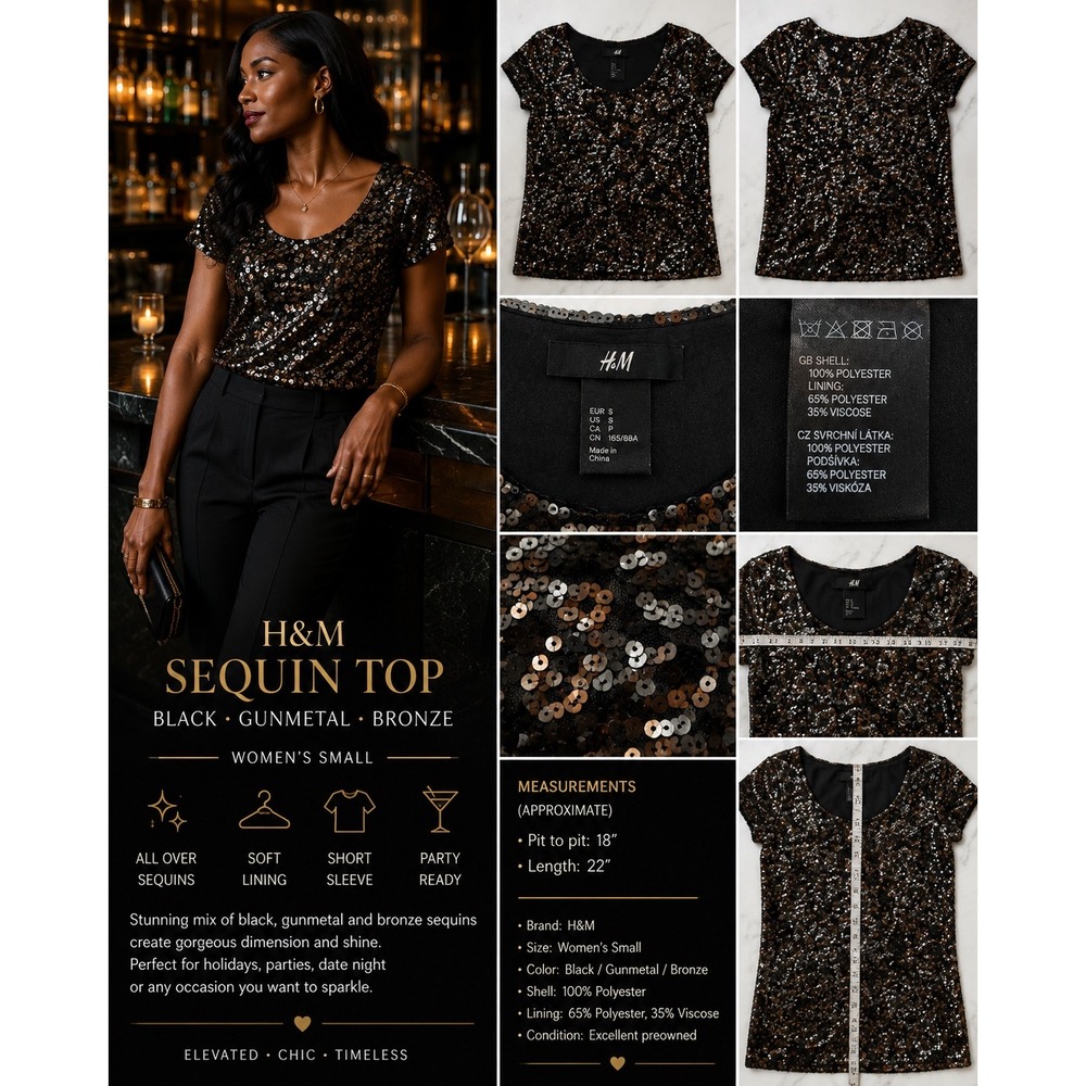 H&M Women Sequin Top S Black Gunmetal Bronze Short Sleeve Party Holiday Sparkle